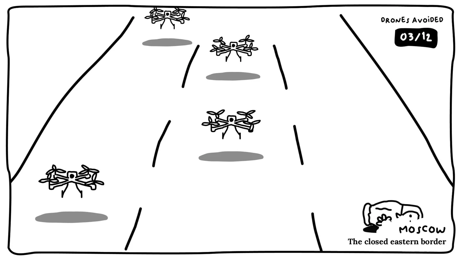 Spinning frontiers: four drones fly down the three lanes towards the matryoshka.