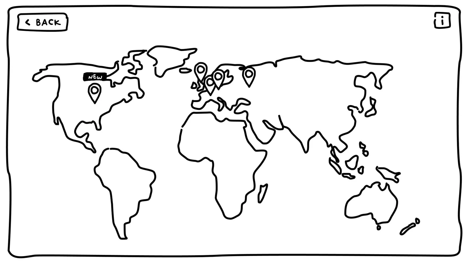 The ink-drawn world map with a marker on each city that has a story to uncover.