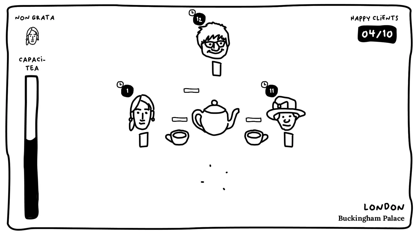 Spin the tea: the teapot in the middle of a palace party, with guests waiting on three sides for their cup.