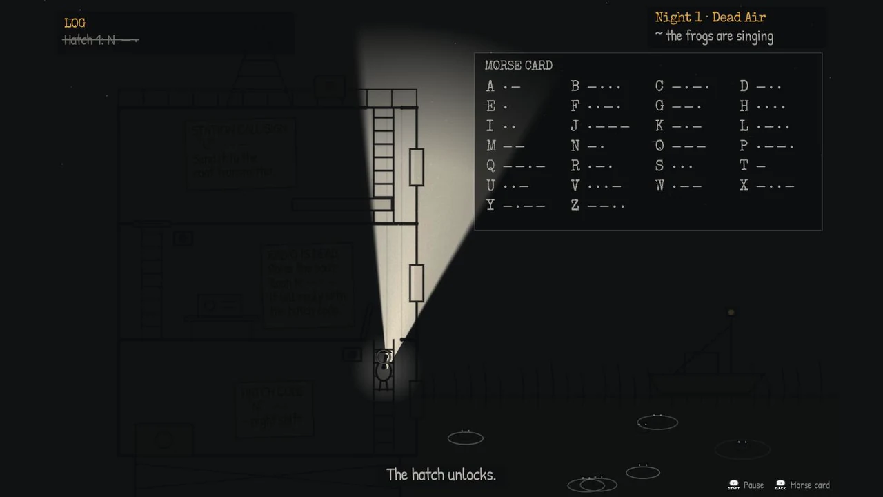 The hatch has unlocked and the operator climbs the ladder to the next floor, his beam pointing up the shaft.