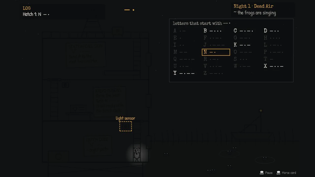 The operator taps Morse at a hatch's light sensor; the dash-dot he has typed shows at the top and the Morse card highlights the matching letter N.