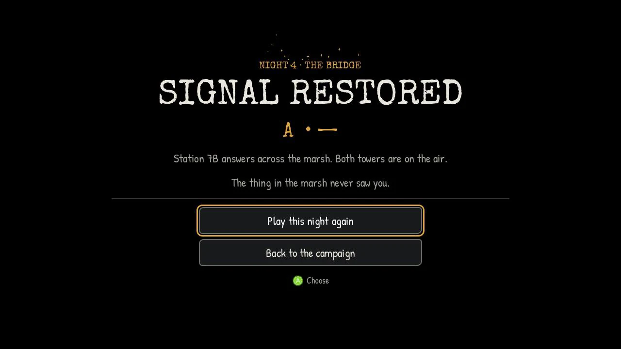 The result screen after the last night: Signal Restored, with the call sign A in Morse and the thing in the marsh never seeing the operator.