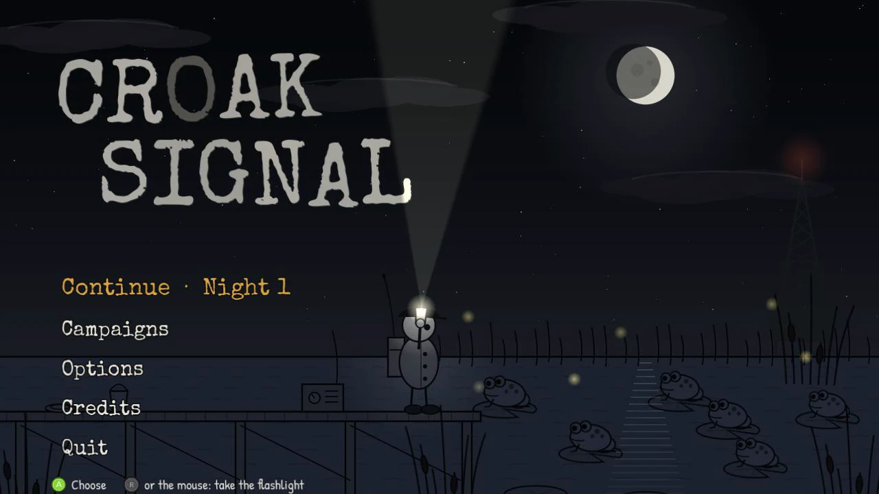 The title screen: an operator on a jetty in the night marsh sweeps his flashlight past the Croak Signal logo while frogs sit on lily pads.