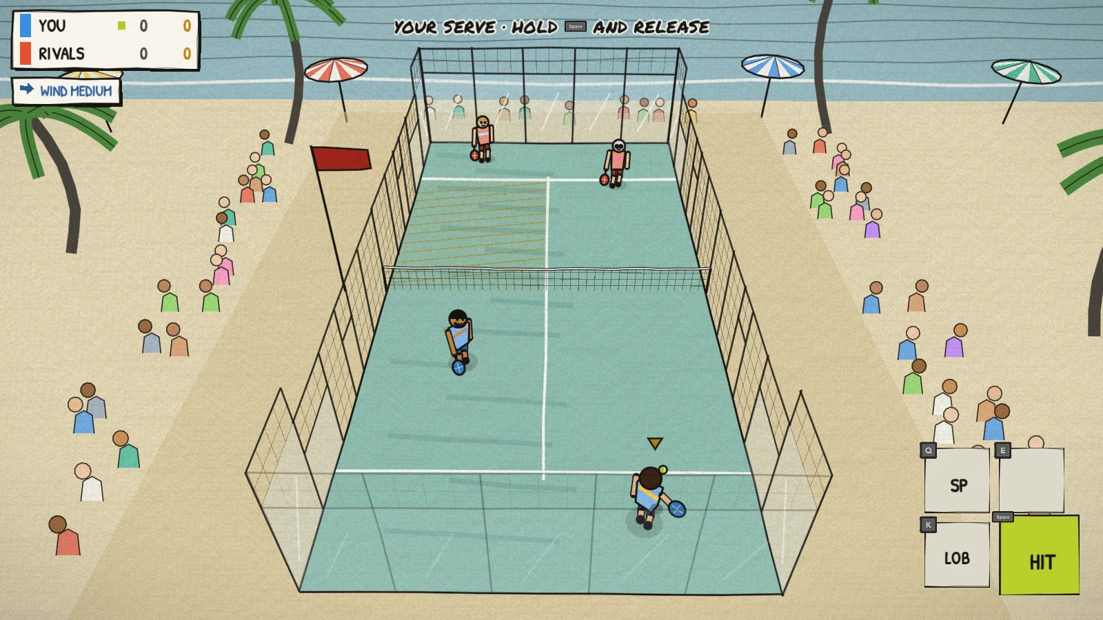 The beach stage at the serve, with palm trees, parasols, the crowd and a wind indicator.