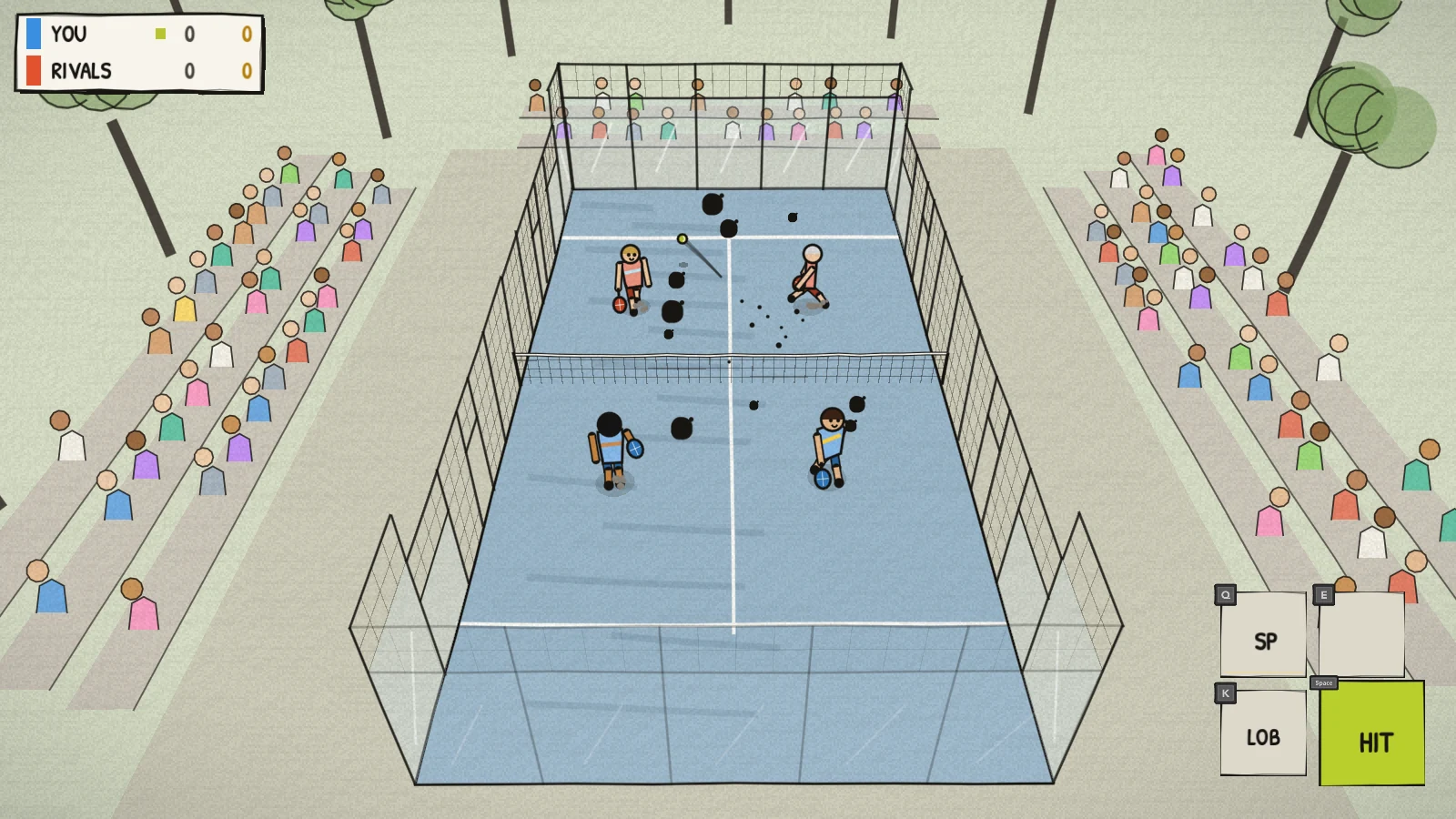 A rally on the club court, with ink splats where the ball was hit.