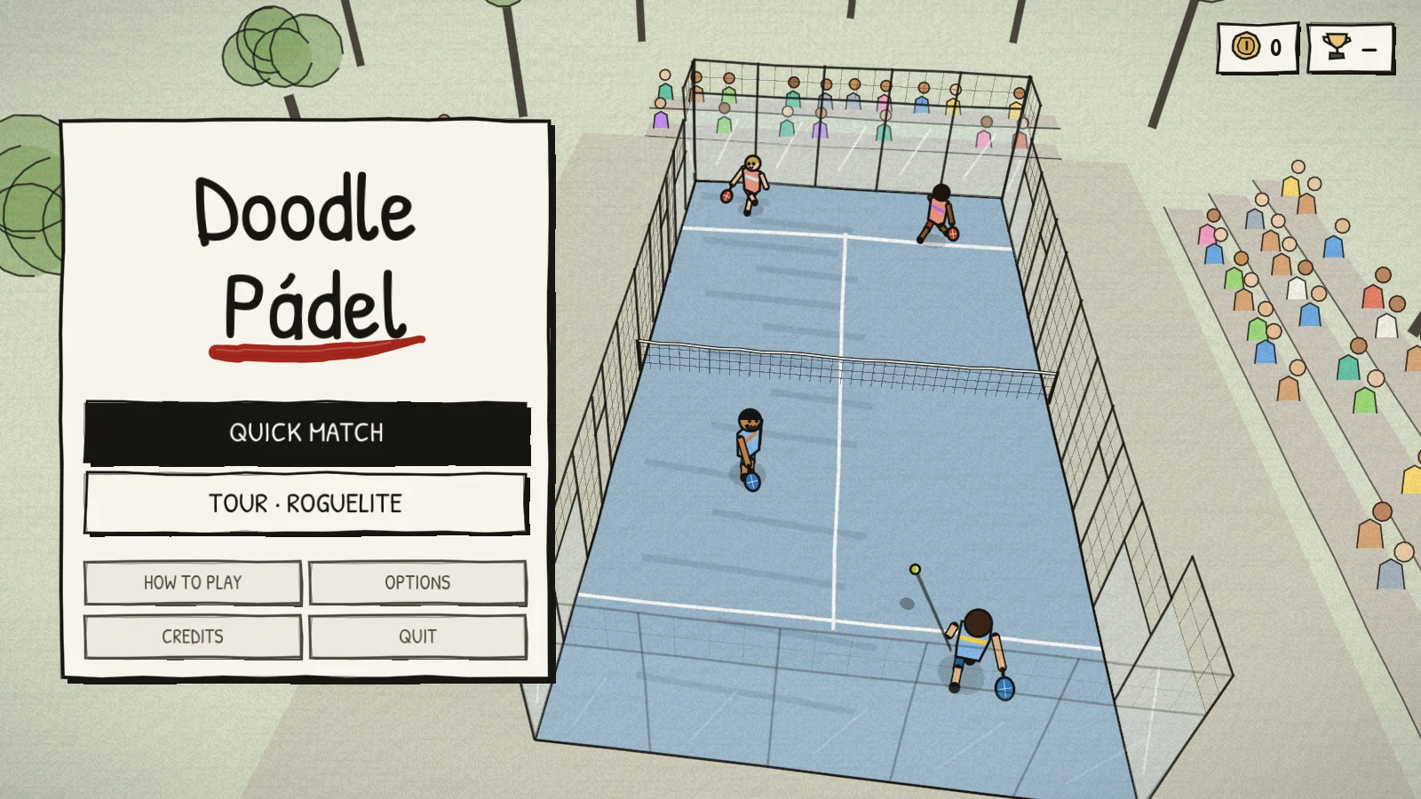 Title screen: "Doodle Pádel" hand-lettered on a paper card with Quick Match and Tour, and coin and trophy chips in the corner, over the live club court.