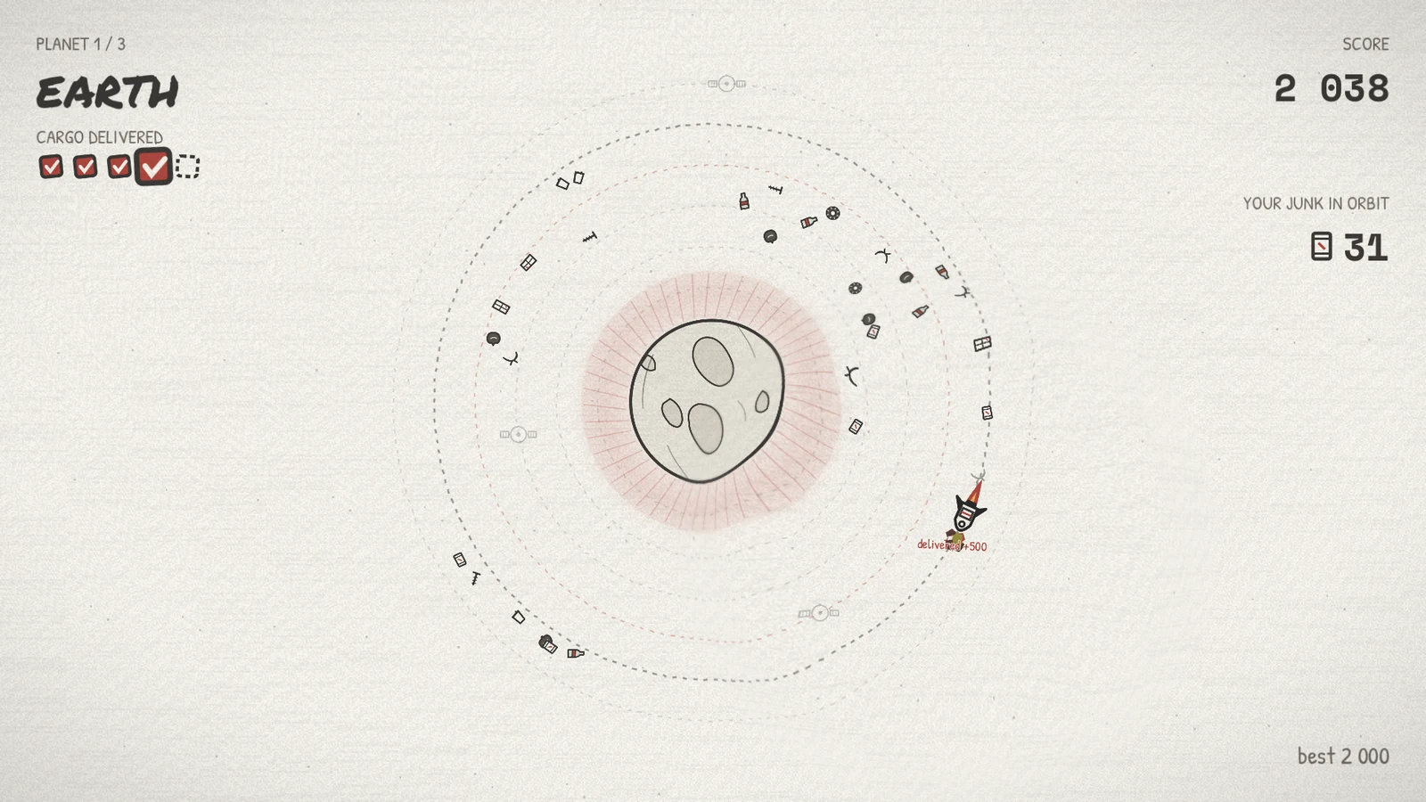 Earth: the rocket circles the planet on a dashed orbit, with its own junk scattered along the orbits and four of five cargo pods delivered.