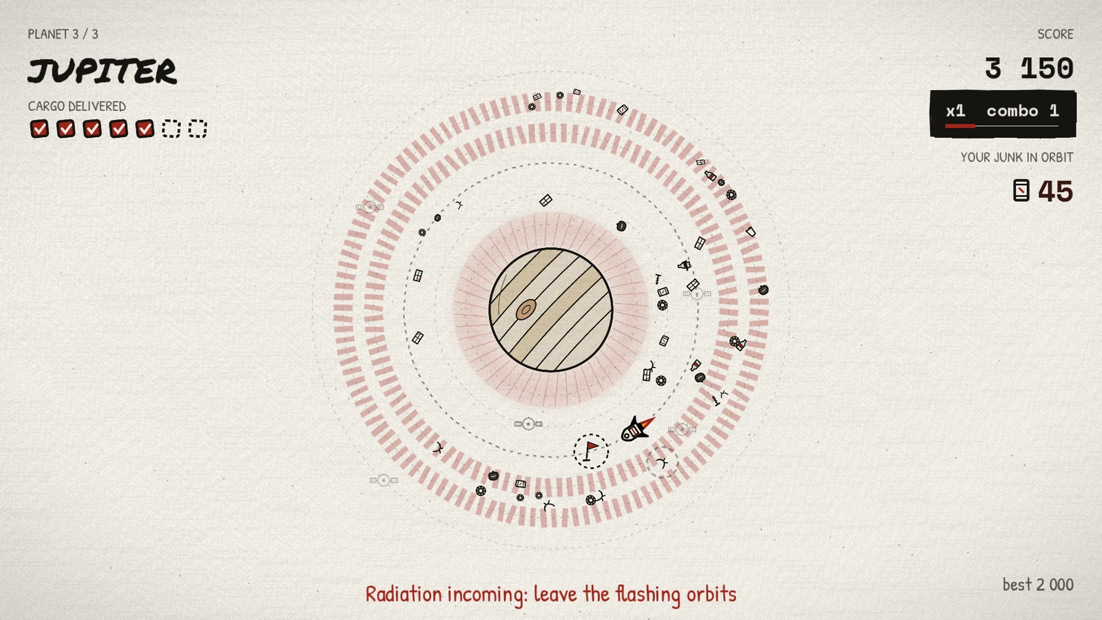 Jupiter: red radiation belts close two orbits while the rocket weaves through its junk, with a combo chip under the score.