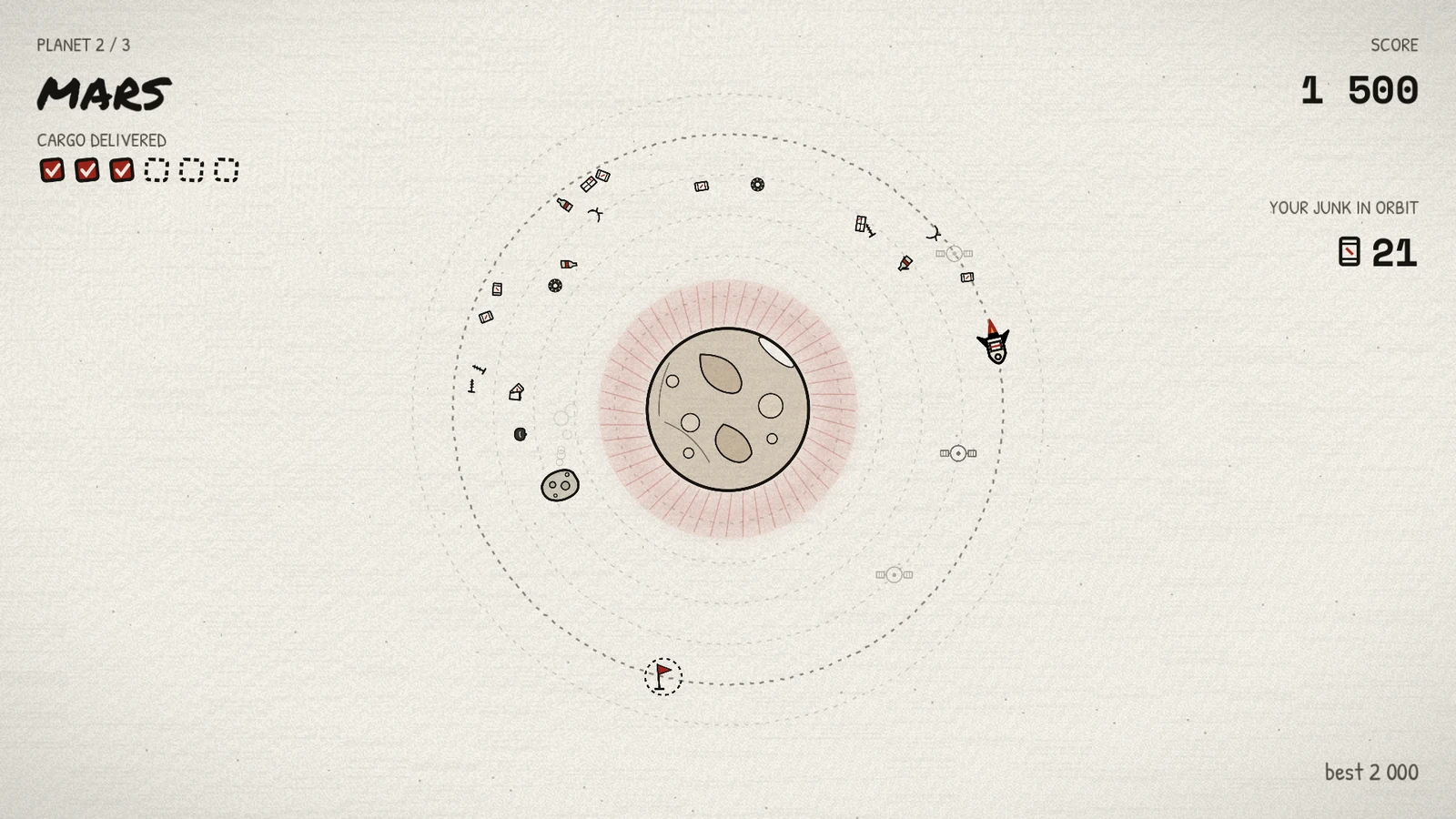 Mars: Phobos crosses the orbits while the rocket heads for the red cargo flag.
