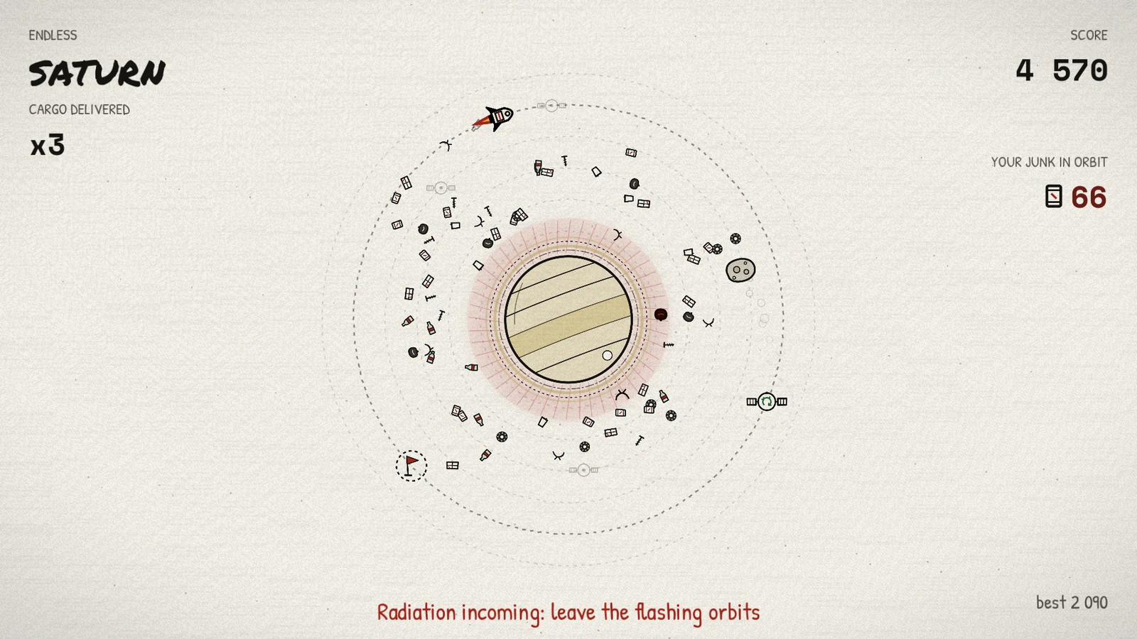 Saturn's endless mode: the ringed planet surrounded by a crowded cloud of junk, with a ×3 multiplier and a radiation warning.