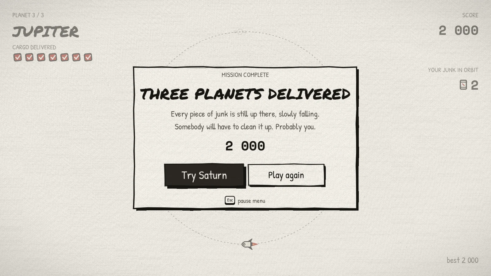 Mission complete card: "Three planets delivered", with the score and the buttons Try Saturn and Play again.