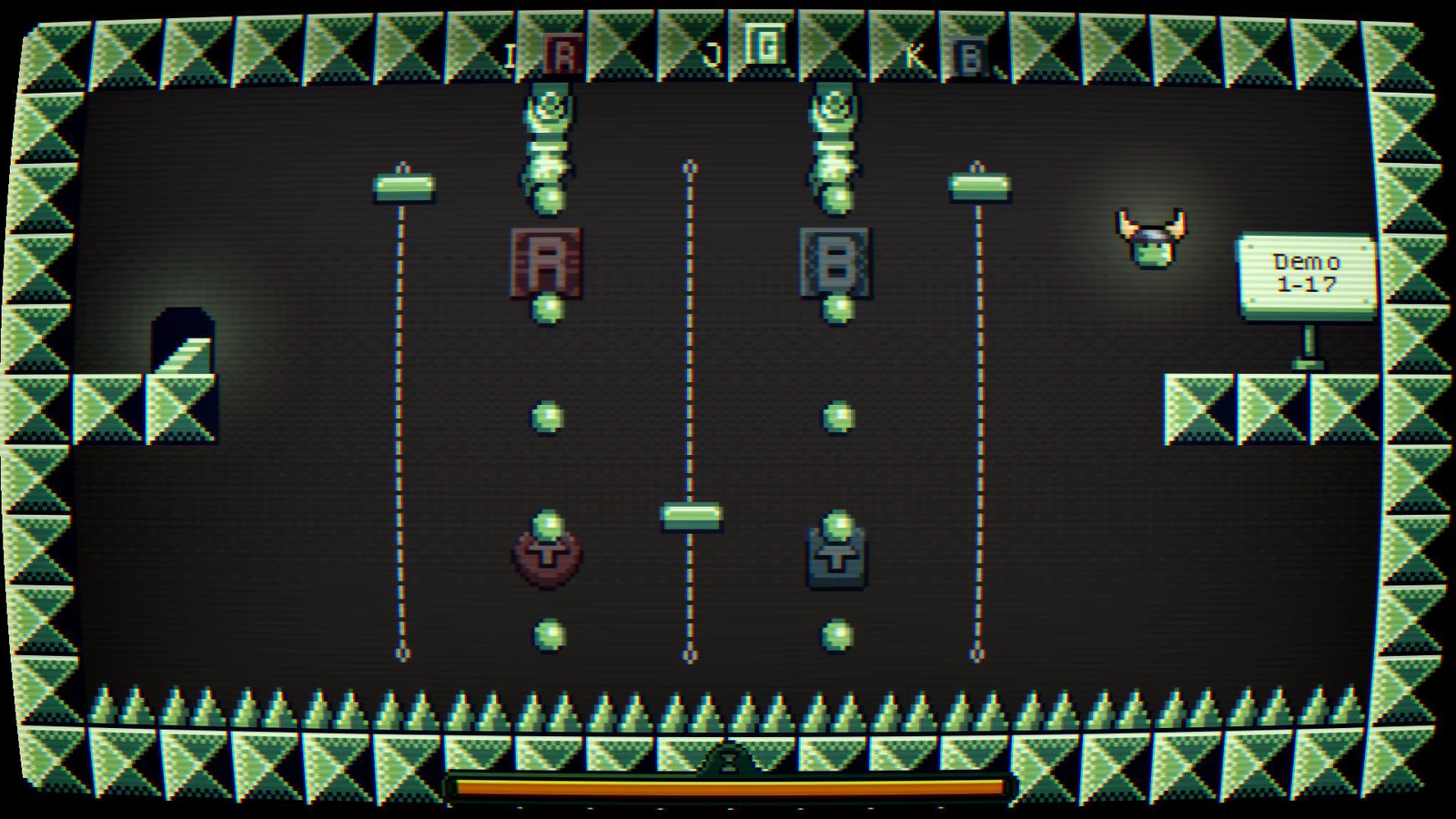 The horned hero leaps towards moving platforms while cannons drop shots over a floor of spikes
