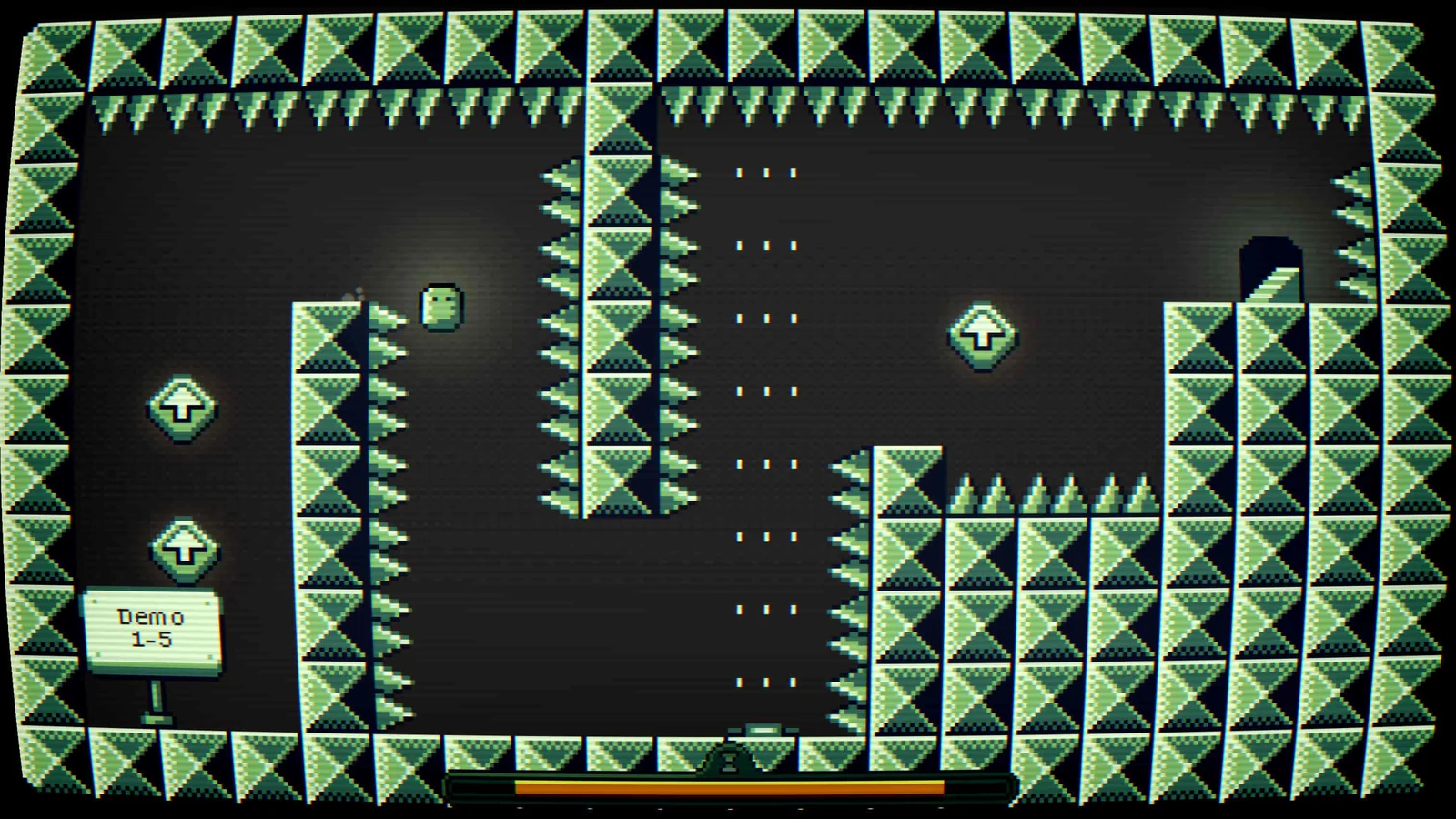 Demo 1-5 in green: the little slime hops past spiked pillars and jump arrows towards the exit door