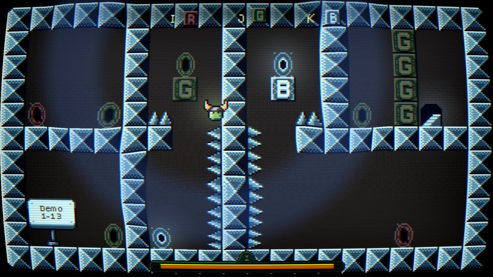 Mid-jump, the hero switches to the blue dimension and a shockwave turns the level blue, between portals and a spiked pillar