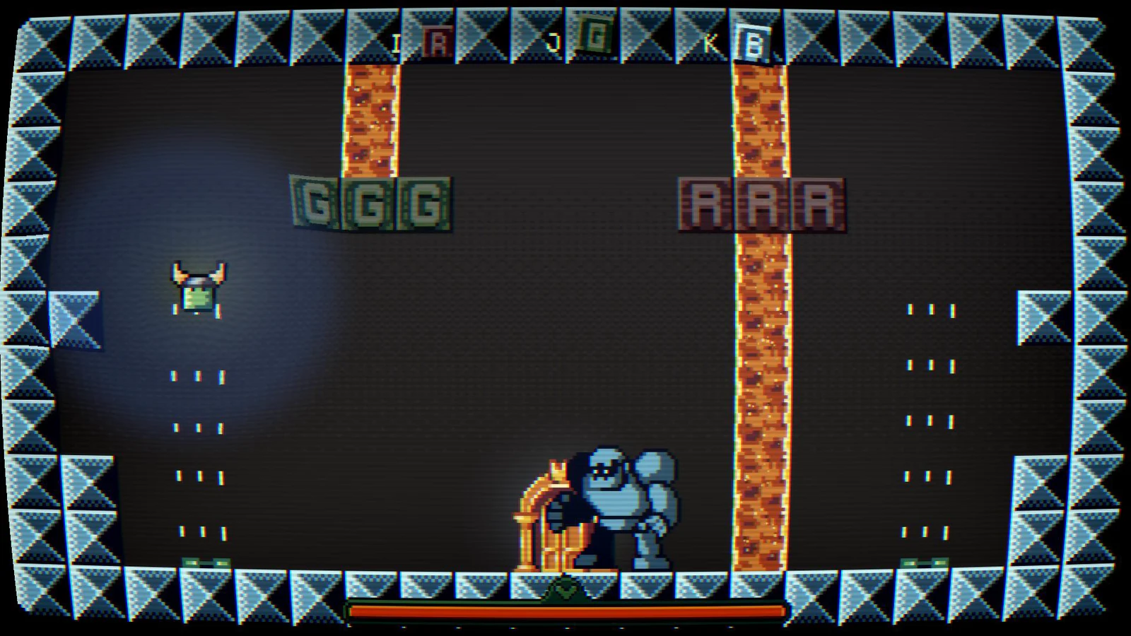 The boss room in the blue dimension: a shockwave spreads as the golem guards the big door between lava columns